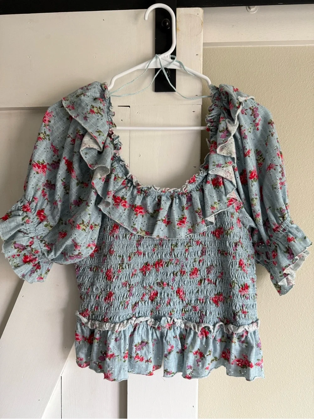 FREE PEOPLE Favorite Girl Blue Floral Ruffle Cropped Blouse